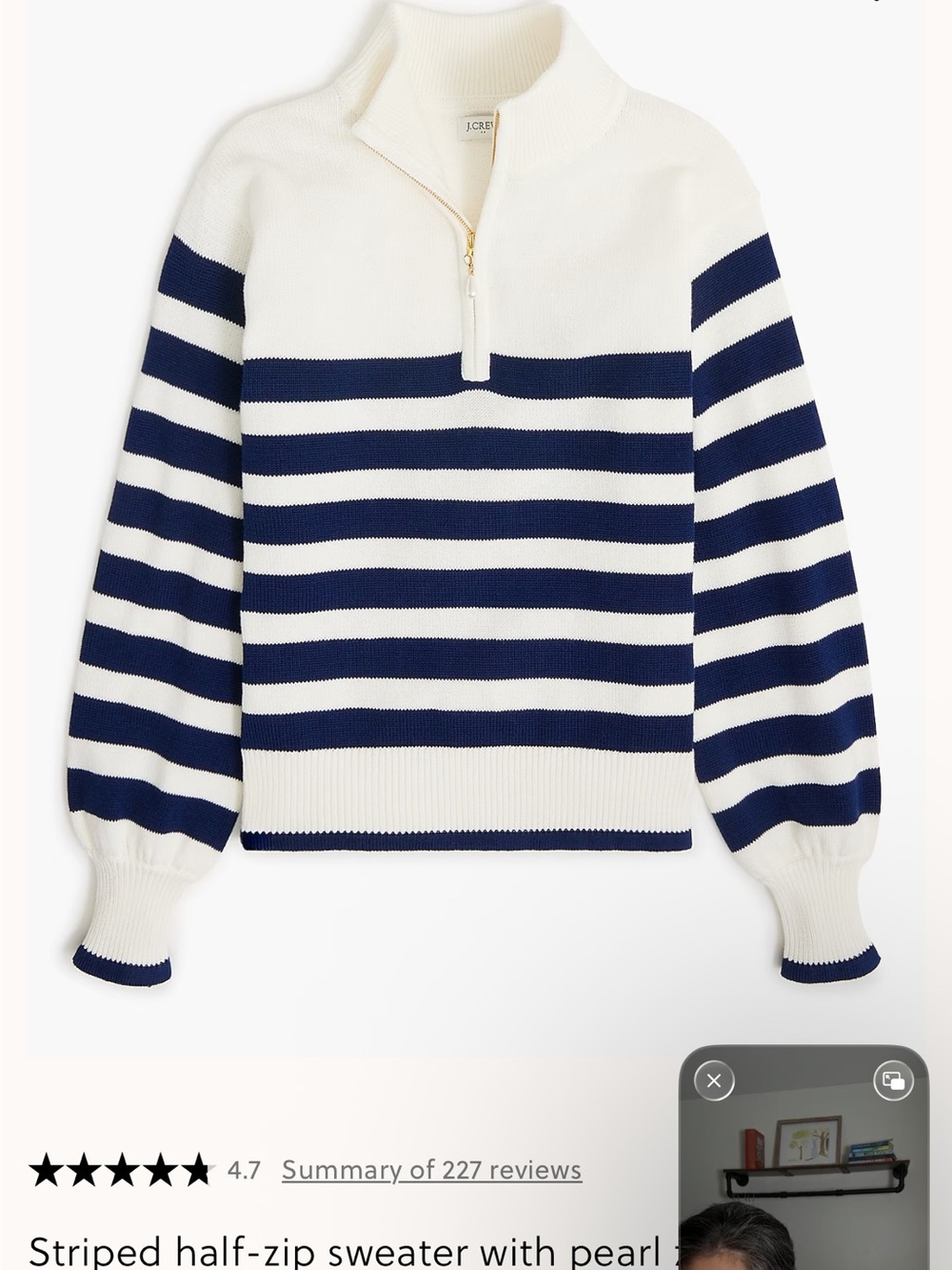 J. Crew factory Striped half-zip sweater with pearl zipper - Ivory with Navy